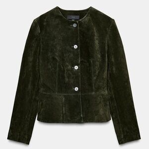 Zara NWT Olive Green Genuine Suede Peplum Jacket L Tailored Button Front Blazer